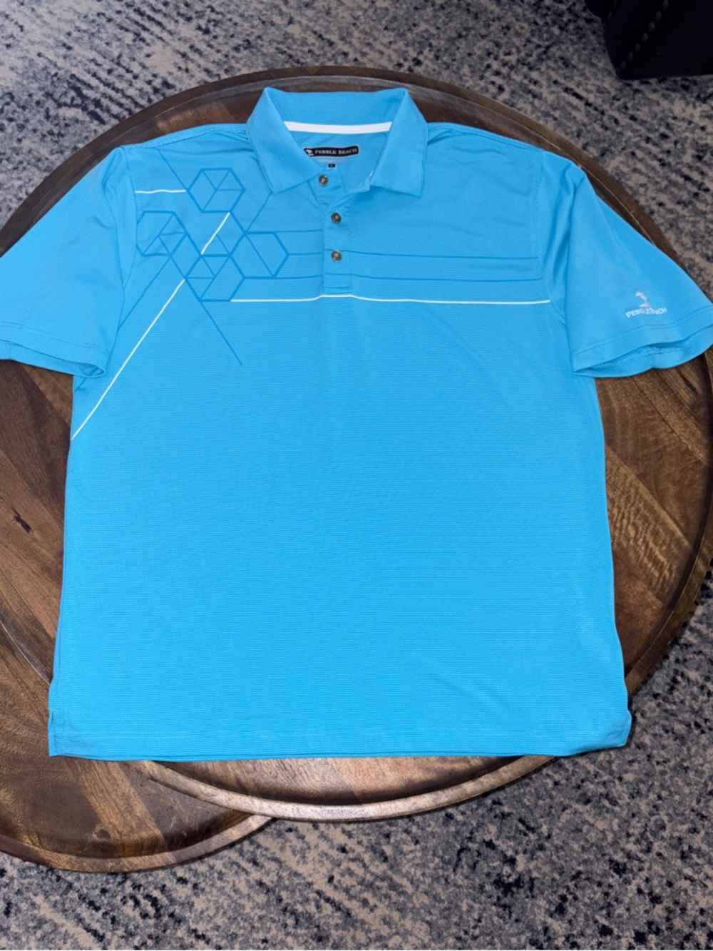 Pebble Beach Blue Polo, Golf Shirt with Geometric Print, Men’s Large
